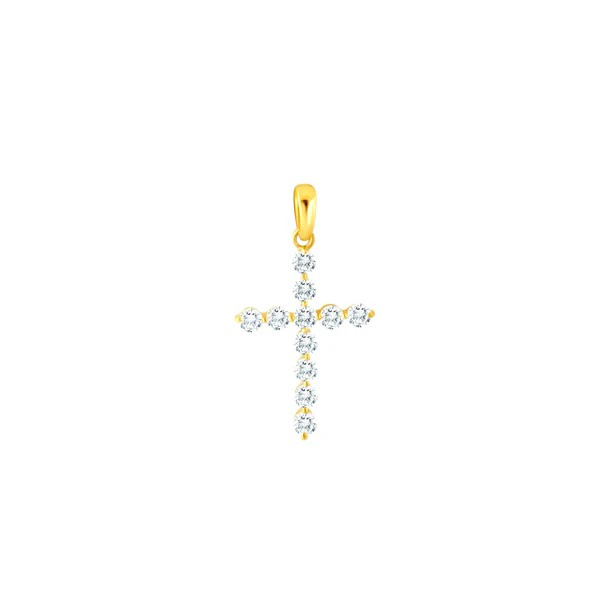 Gold cross pendant with clear stones on a white background