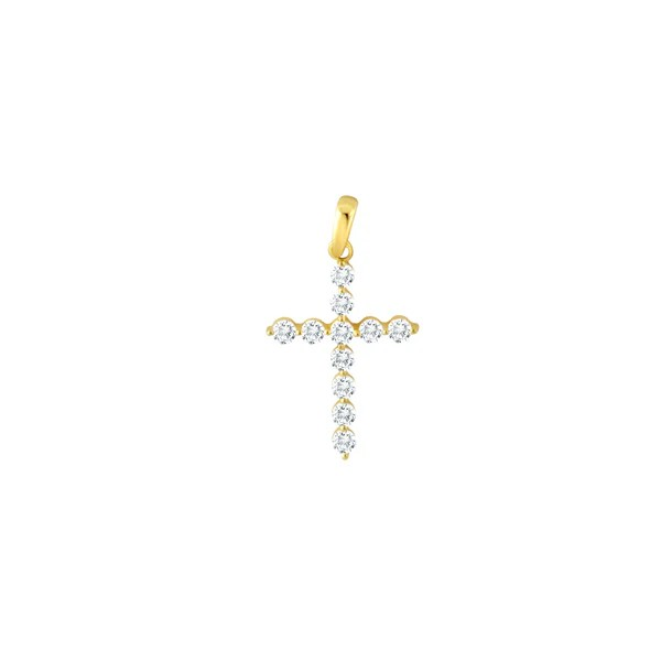 Gold cross pendant with diamonds on a white background