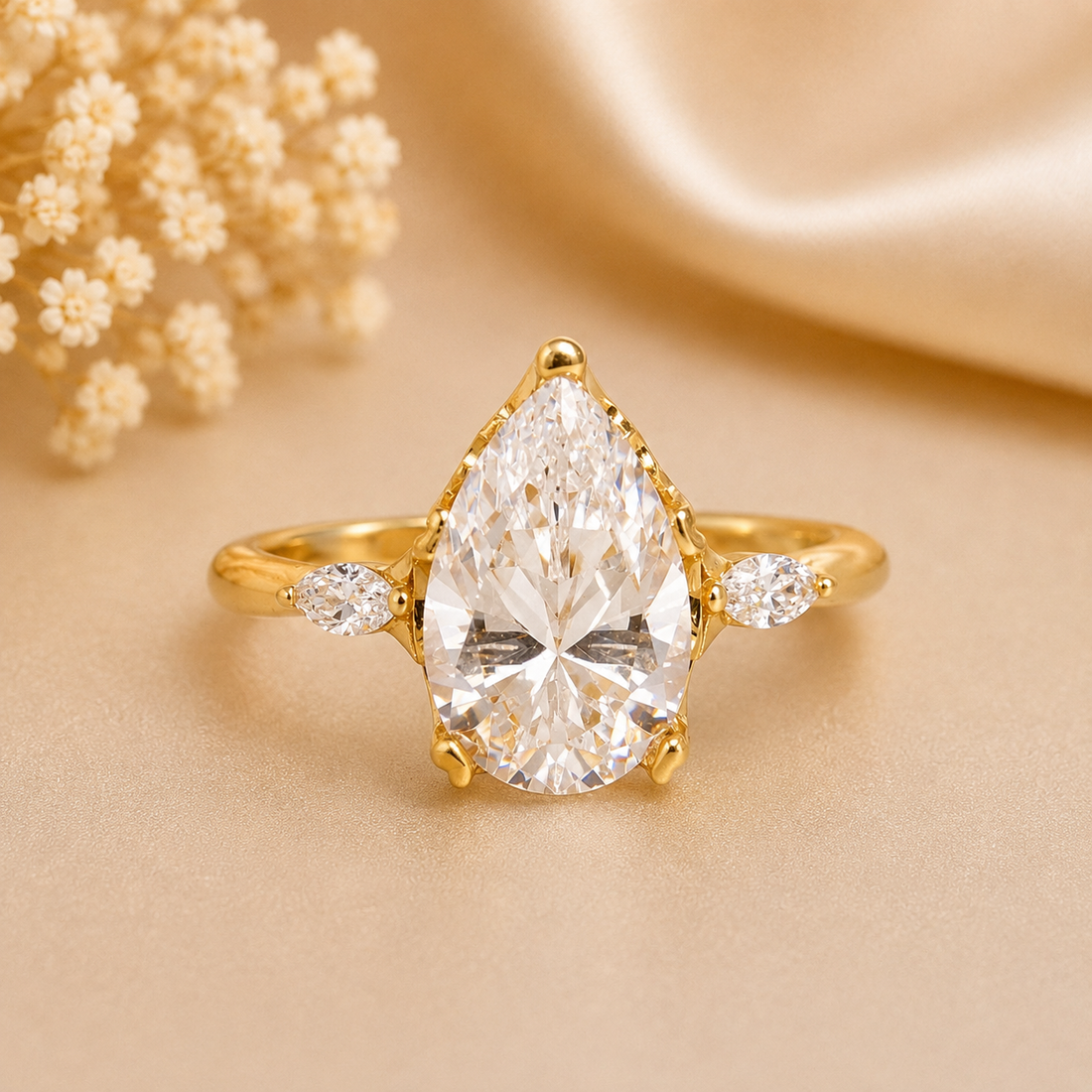 14K Gold | YG Pear Engagement Ring (Semi-Mount) – 13×8mm (~3CT) with .05ct Round Halo & .13ct Marquise Diamond Accents