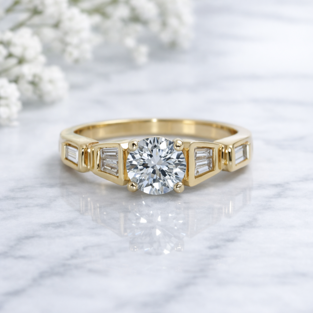14K Gold | YG Round Natural Diamond .95ct VS with .32cttw Tapered Baguette Clusters Engagement Ring