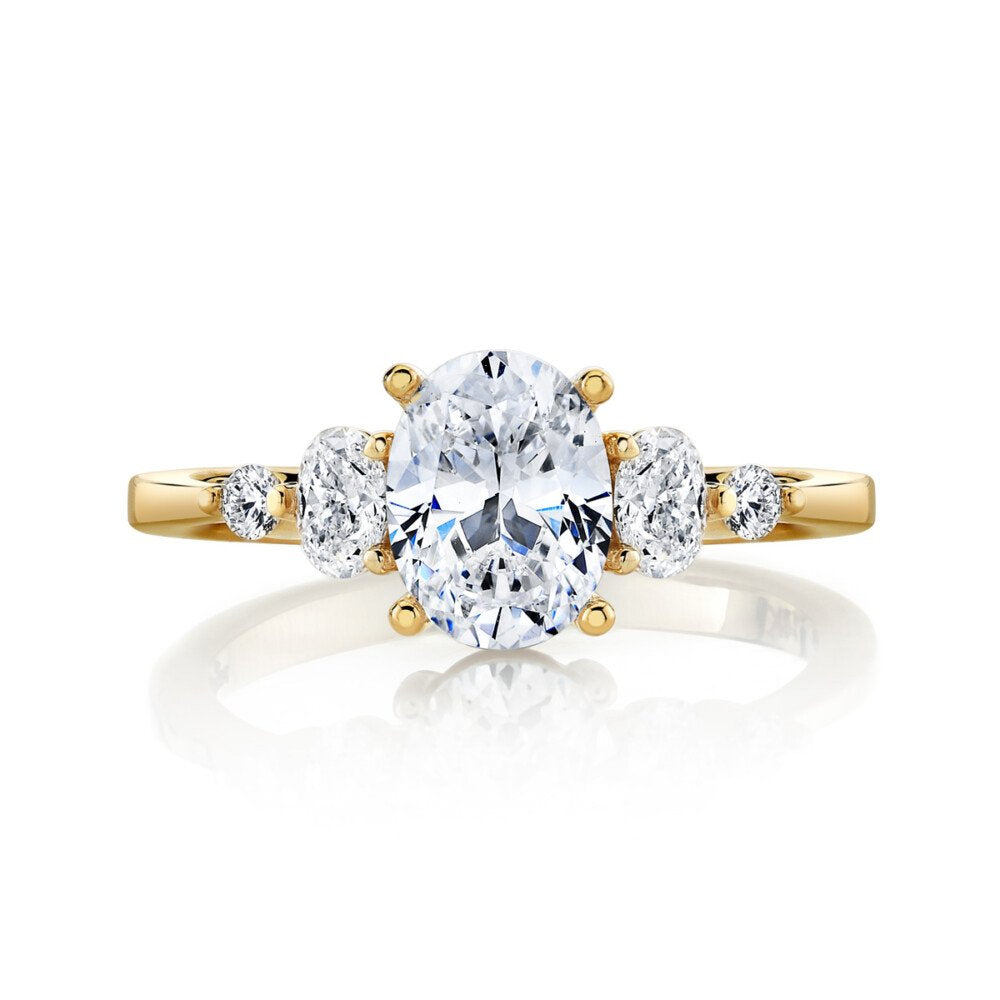 14K Gold | Yellow Gold 1.02CT Oval Lab Diamond Engagement Ring with Natural .25cttw Oval and .07cttw Round Accents