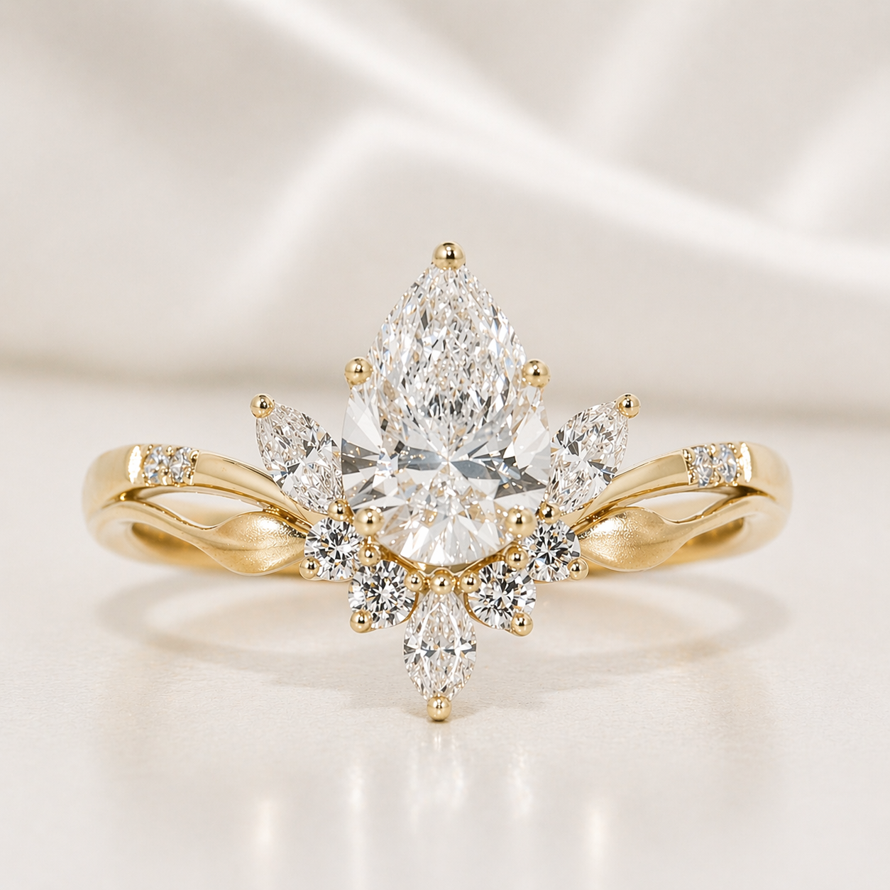 14K Gold | Yellow Gold 1.04CT Lyria Bridal Pear Lab Diamond Engagement Ring with 0.32cttw Natural Diamond Marquise and Round Half Halo