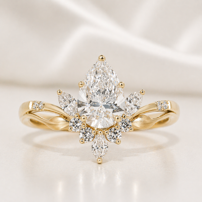 14K Gold | Yellow Gold 1.04CT Lyria Bridal Pear Lab Diamond Engagement Ring with 0.32cttw Natural Diamond Marquise and Round Half Halo