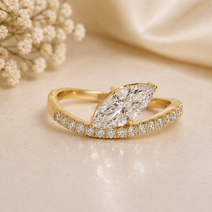 14K Gold | Yellow Gold 1.28cttw Wavy Pave Offset Marquise Engagement Ring