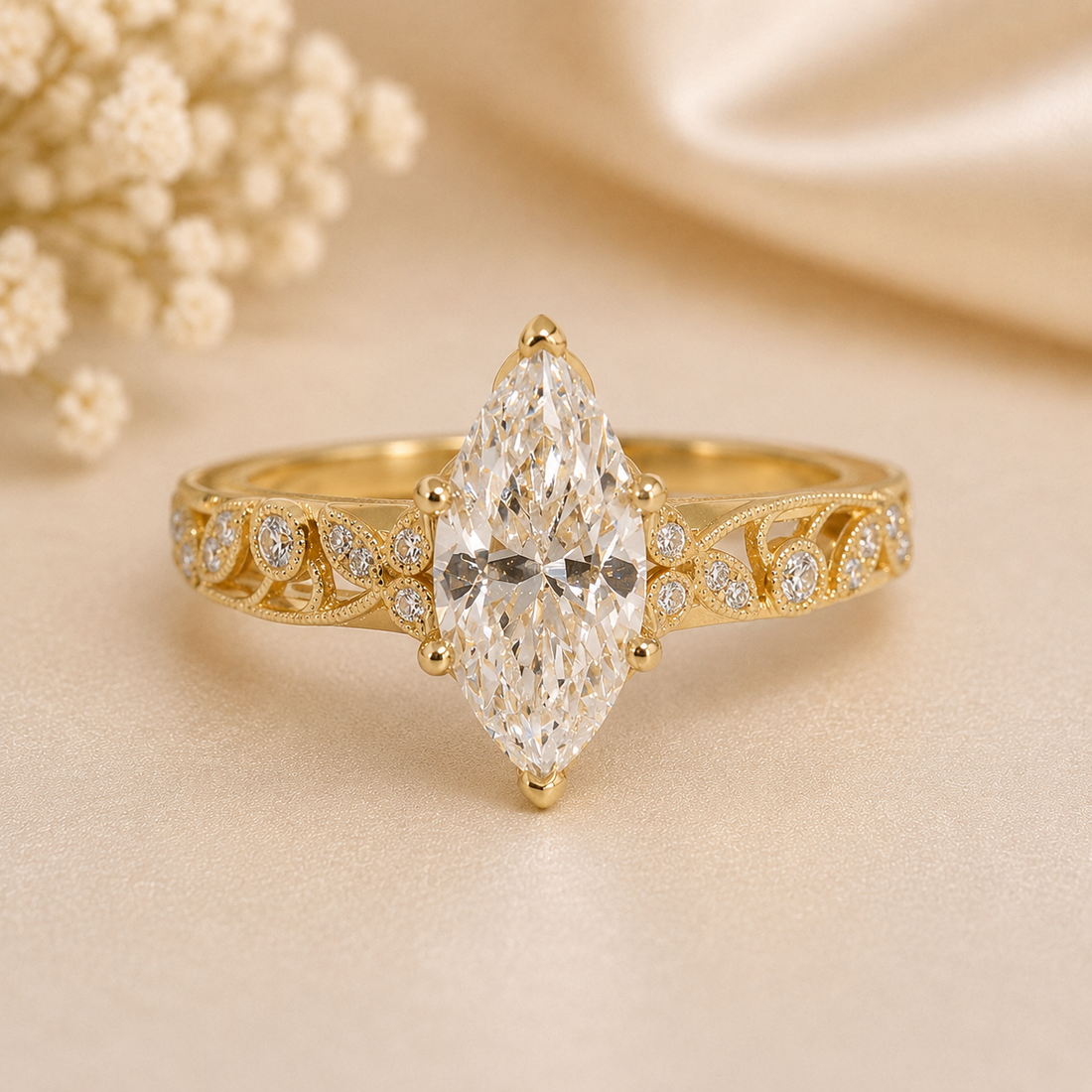 14K Gold | Yellow Gold 1.31CT Marquise Lab Diamond Engagement Ring with Milgrain Filigree Leaf Accents