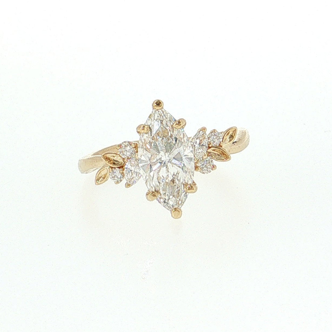 14K Gold | Yellow Gold 1.56CT Marquise Lab Diamond with .10ct Natural Round and .12ct Marquise Diamond Accents Engagement Ring