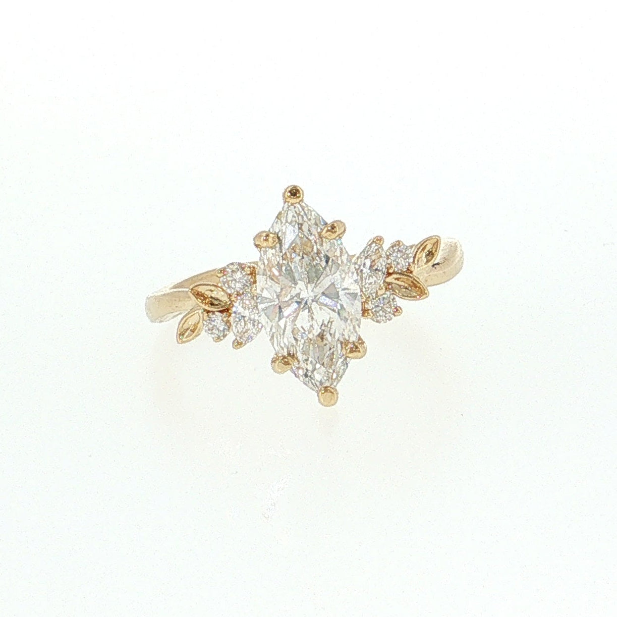 14K Gold | Yellow Gold 1.56CT Marquise Lab Diamond with .10ct Natural Round and .12ct Marquise Diamond Accents Engagement Ring