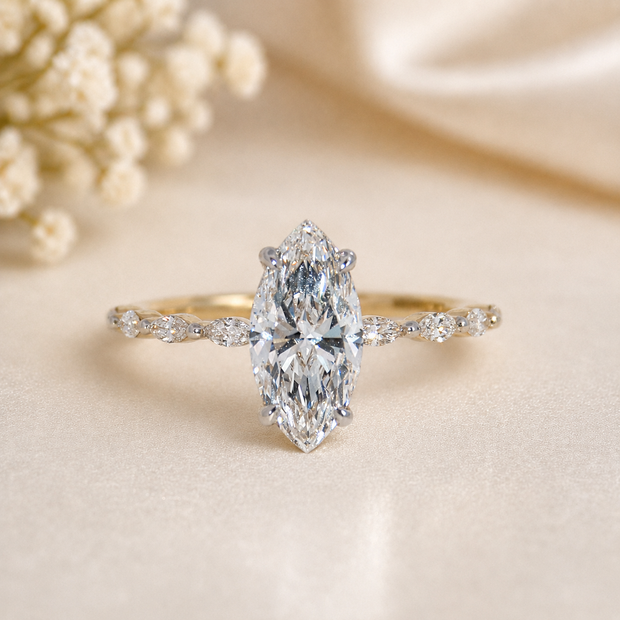 14K Gold | Yellow Gold 1.85CT Marquise Lab Diamond with Accented Band Engagement Ring