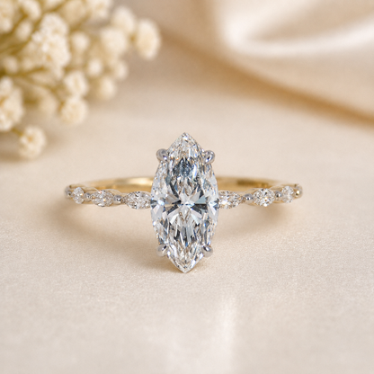 14K Gold | Yellow Gold 1.85CT Marquise Lab Diamond with Accented Band Engagement Ring
