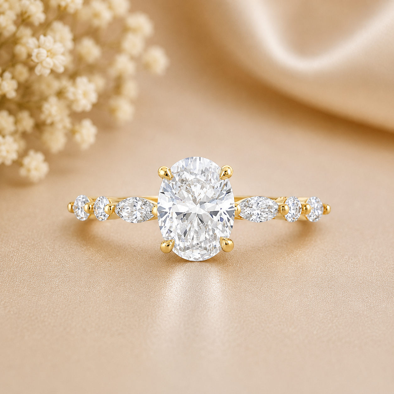 14K Gold | Yellow Gold 2.04CT Oval Lab Diamond with .13cttw Round & .23cttw Marquise Diamond Accents Engagement Ring