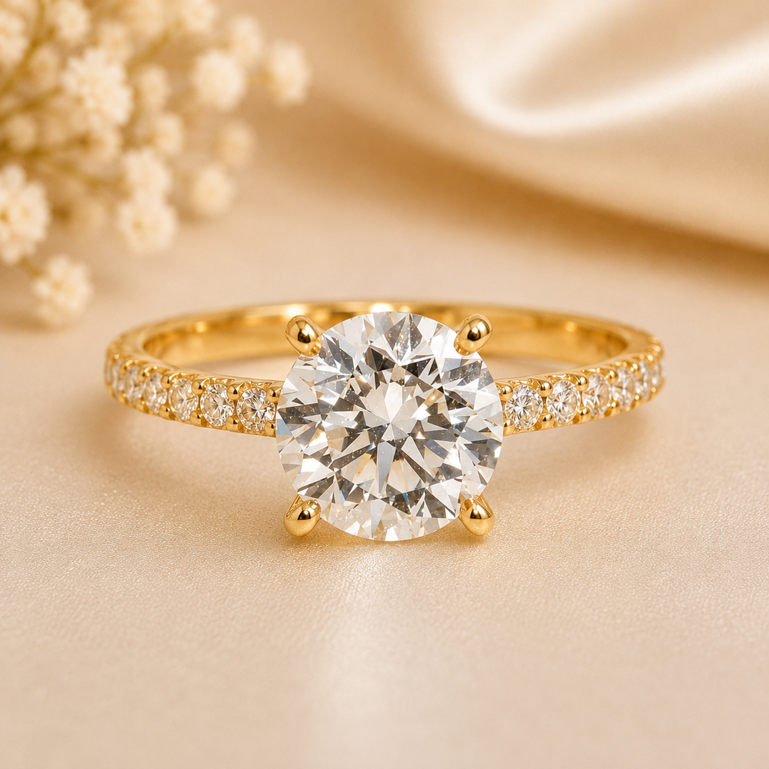 14K Gold | Yellow Gold 2CT Round Lab Diamond with .34ct Natural Diamond Accented Engagement Ring