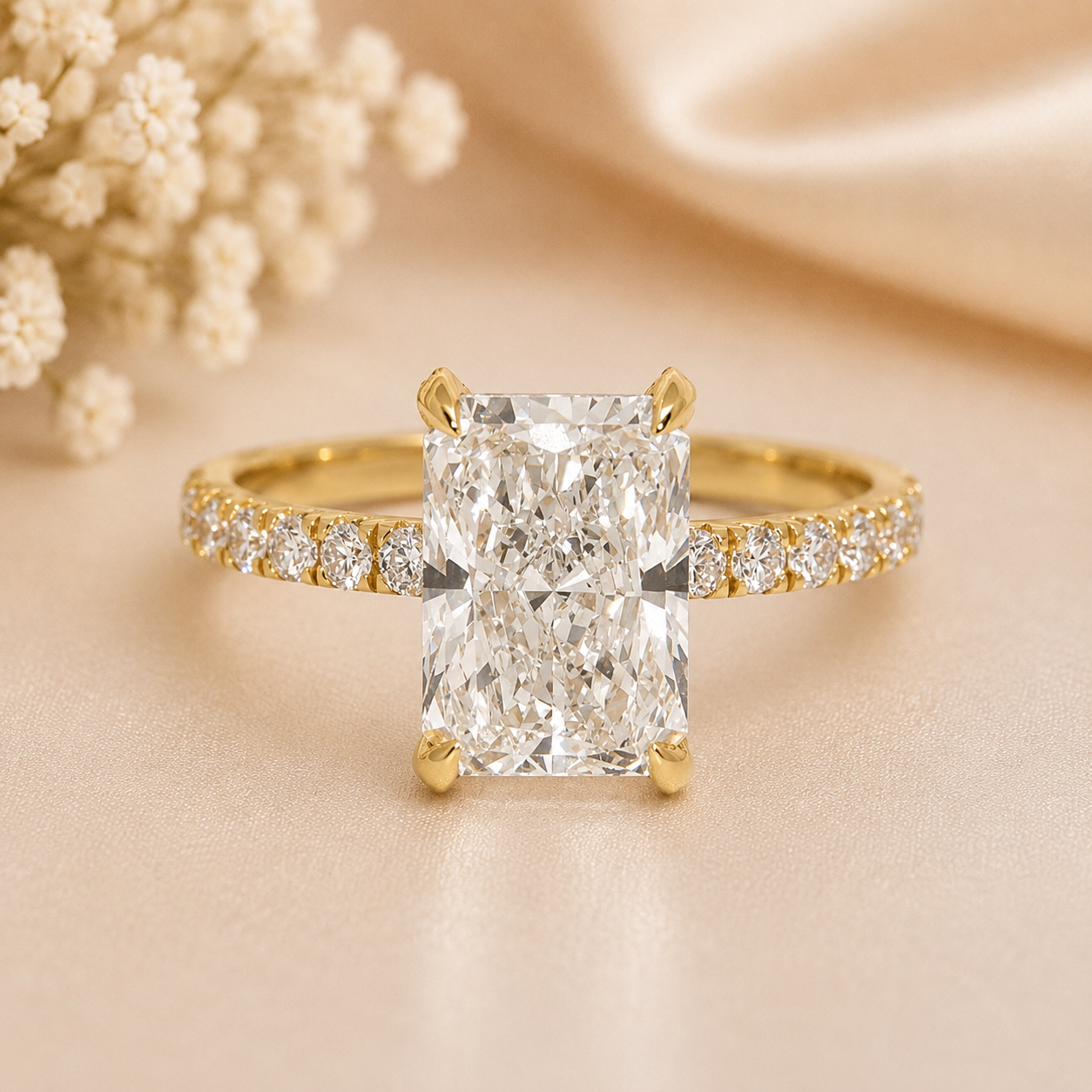 14K Gold | Yellow Gold 3.02CT Rectangular Brilliant Cut Lab Diamond Engagement Ring with Pavé-Prong Hidden Halo Setting and Pavé Band
