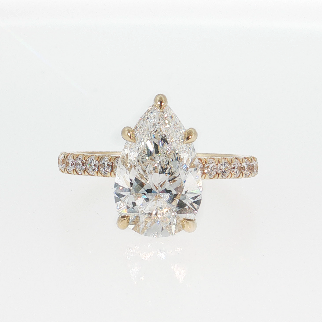 14K Gold | Yellow Gold 3.04CT Pear Brilliant Cut Lab Diamond with Hidden Halo and Pavé Band Engagement Ring