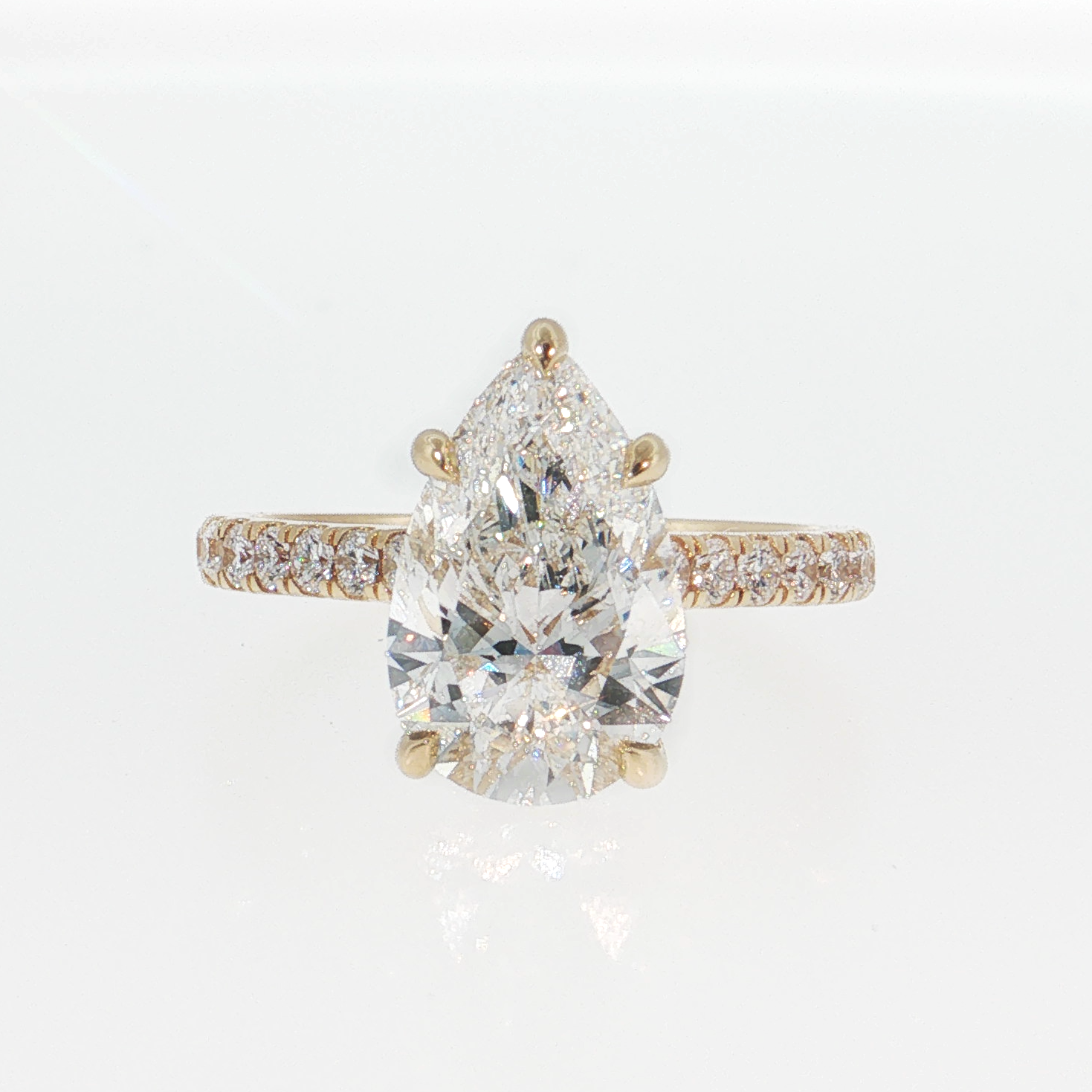 14K Gold | Yellow Gold 3.04CT Pear Brilliant Cut Lab Diamond with Hidden Halo and Pavé Band Engagement Ring