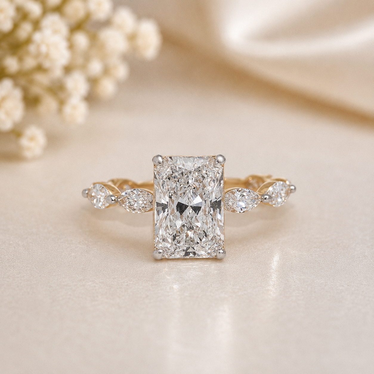 14K Gold | Yellow Gold 3.04CT Radiant Lab Diamond Engagement Ring with Marquise Natural Diamond Side Stones