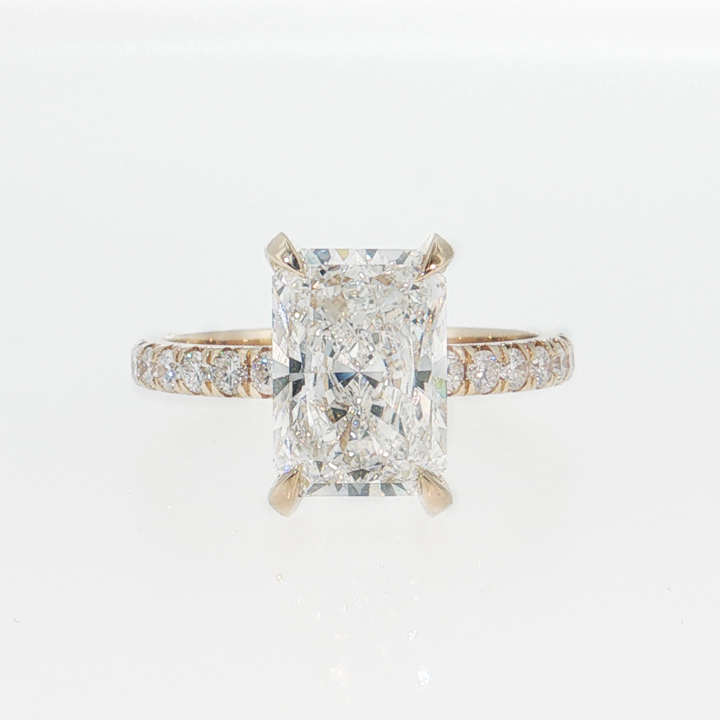 14K Gold | Yellow Gold 3.06 ct Rectangular Brilliant Cut Lab Diamond Engagement Ring with Pavé-Prong Hidden Halo Setting and Pavé Band