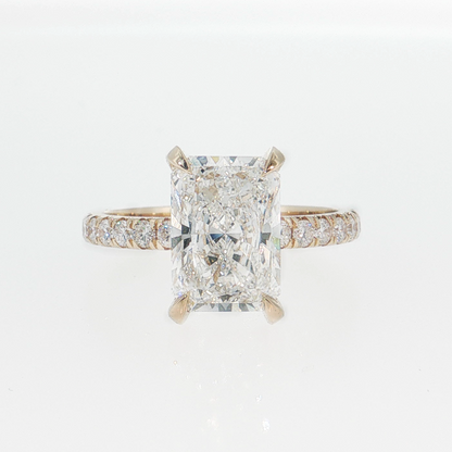 14K Gold | Yellow Gold 3.06 ct Rectangular Brilliant Cut Lab Diamond Engagement Ring with Pavé-Prong Hidden Halo Setting and Pavé Band