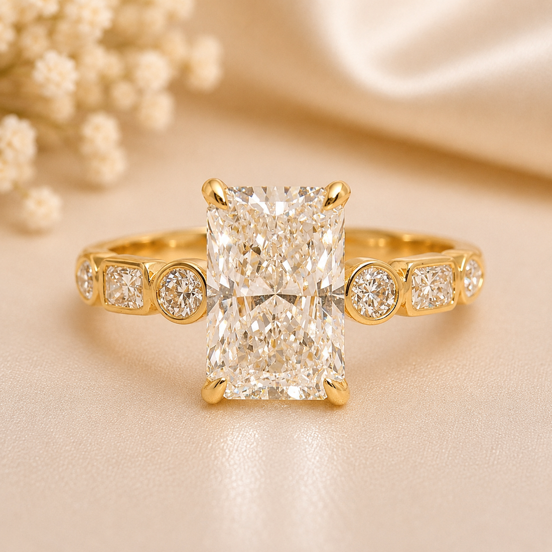 14K Gold | Yellow Gold 3.08CT Rectangular Brilliant Cut Engagement Ring with Bezel Multi Shape Natural Diamond Band