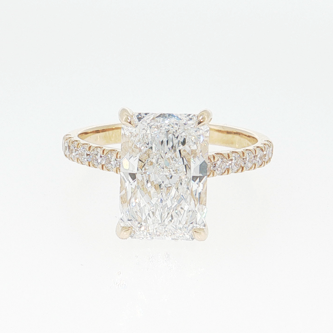 14K Gold | Yellow Gold 3.55CT Rectangular Brilliant Cut Lab Diamond with Hidden Halo and Pavé Band Engagement Ring