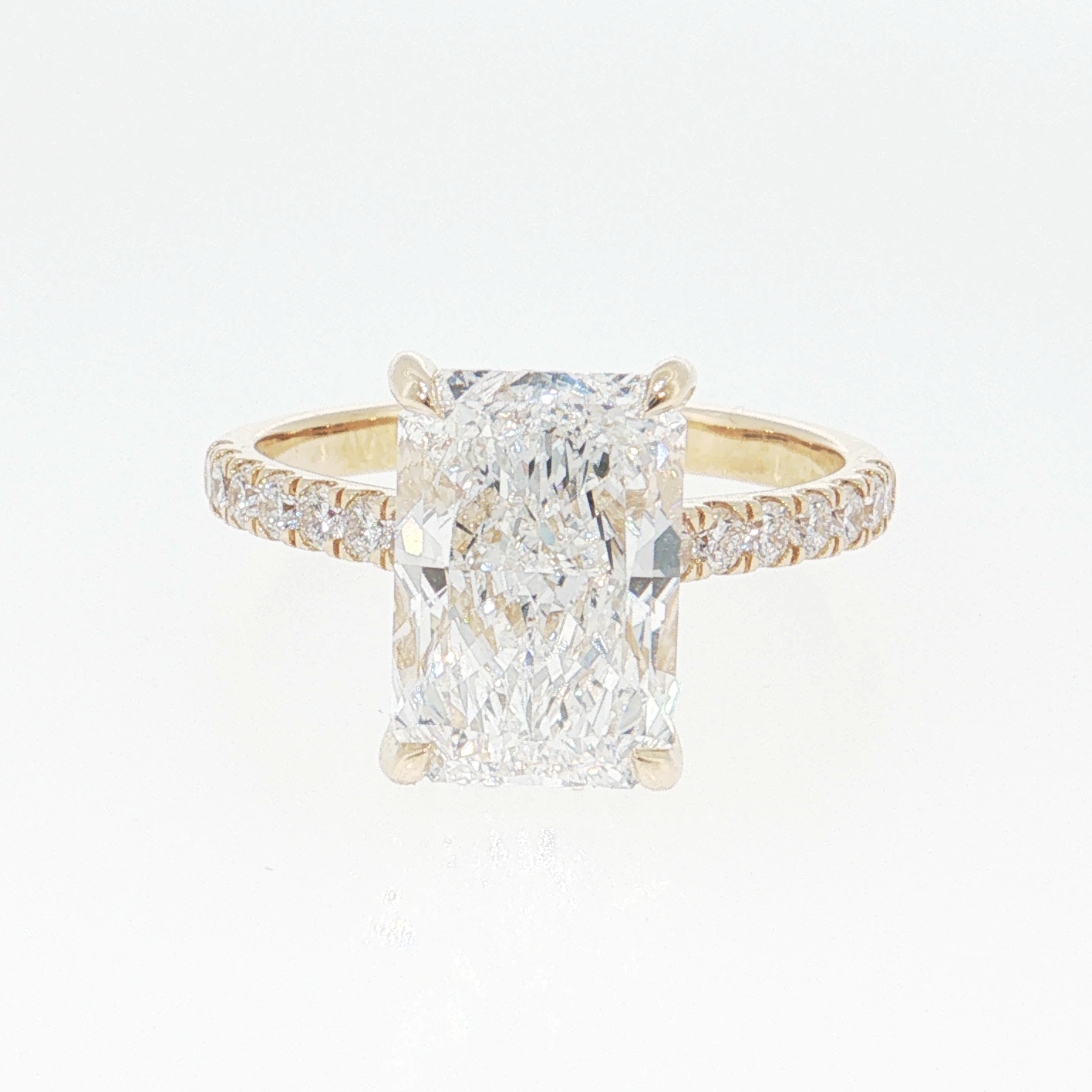 14K Gold | Yellow Gold 3.55CT Rectangular Brilliant Cut Lab Diamond with Hidden Halo and Pavé Band Engagement Ring