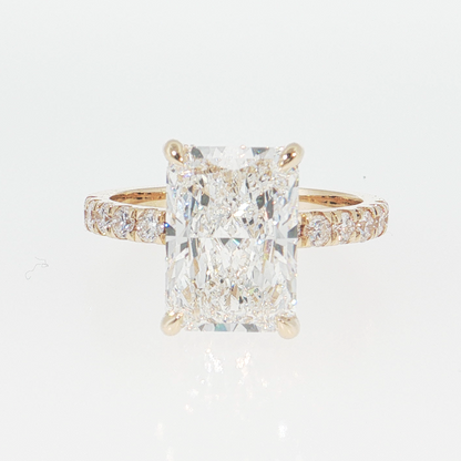 14K Gold | Yellow Gold 4.03CT Radiant Cut Lab Diamond with Hidden Halo and Pavé Band Engagement Ring