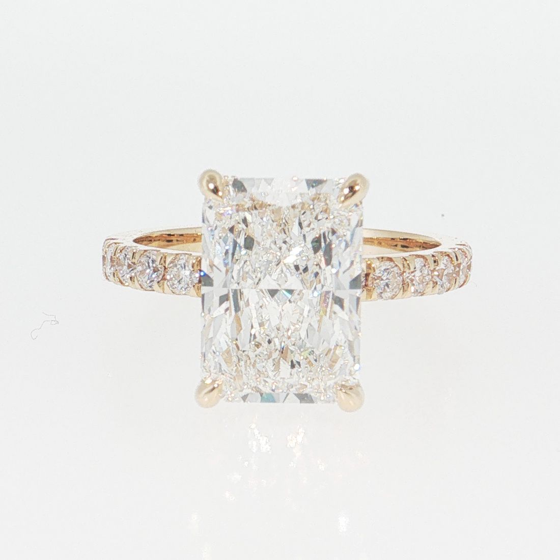 14K Gold | Yellow Gold 4.03 ct Rectangular Brilliant Cut Lab Diamond Hidden Halo and Pavé Band Engagement Ring