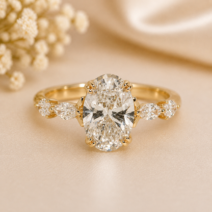 14K Gold | Yellow Gold Hera Bridal Double Prong 2.08CT Oval Lab Diamond Engagement Ring with Hidden Halo and Natural Diamond Accents 