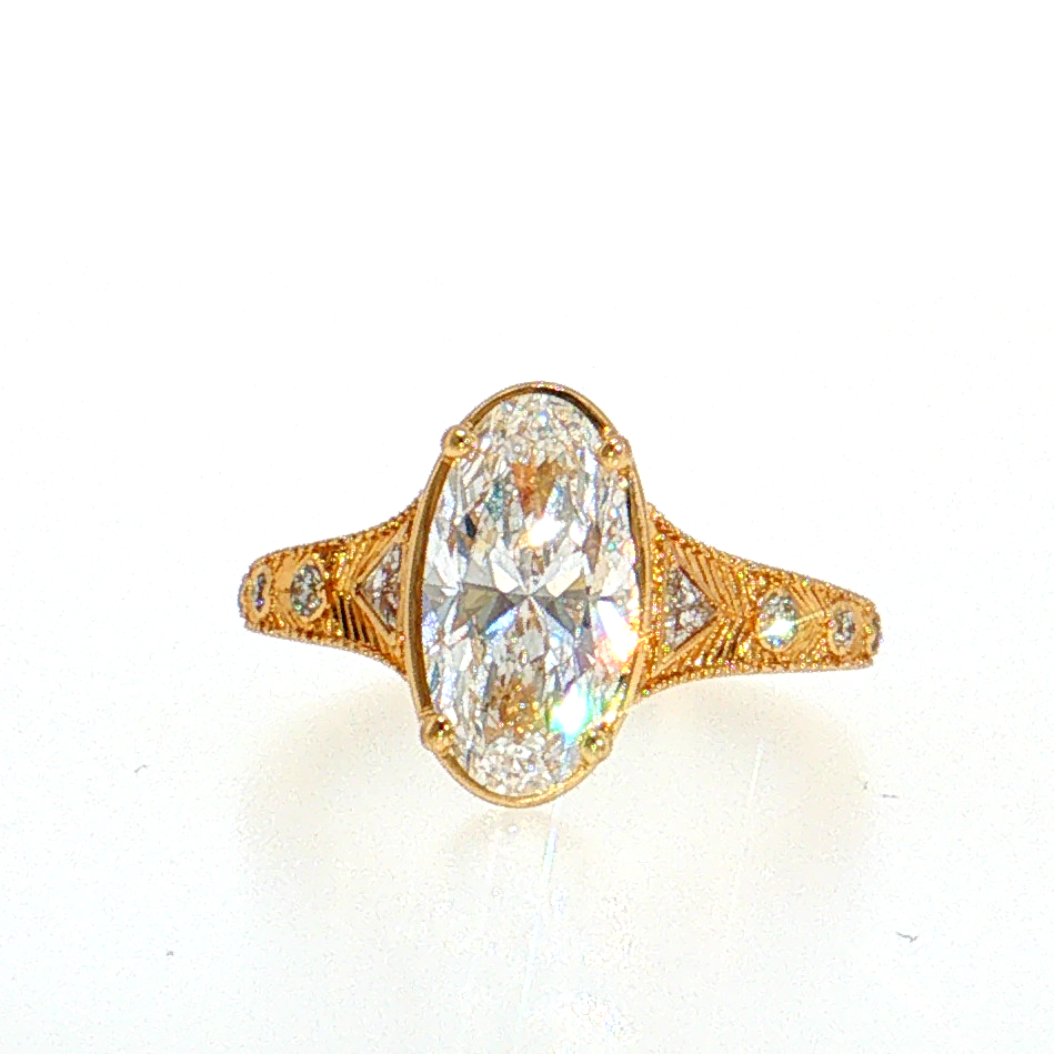 14K Gold | Yellow Gold Moval Engagement Ring Vintage Inspired Filigree, Milgrain & Round Diamond Accents