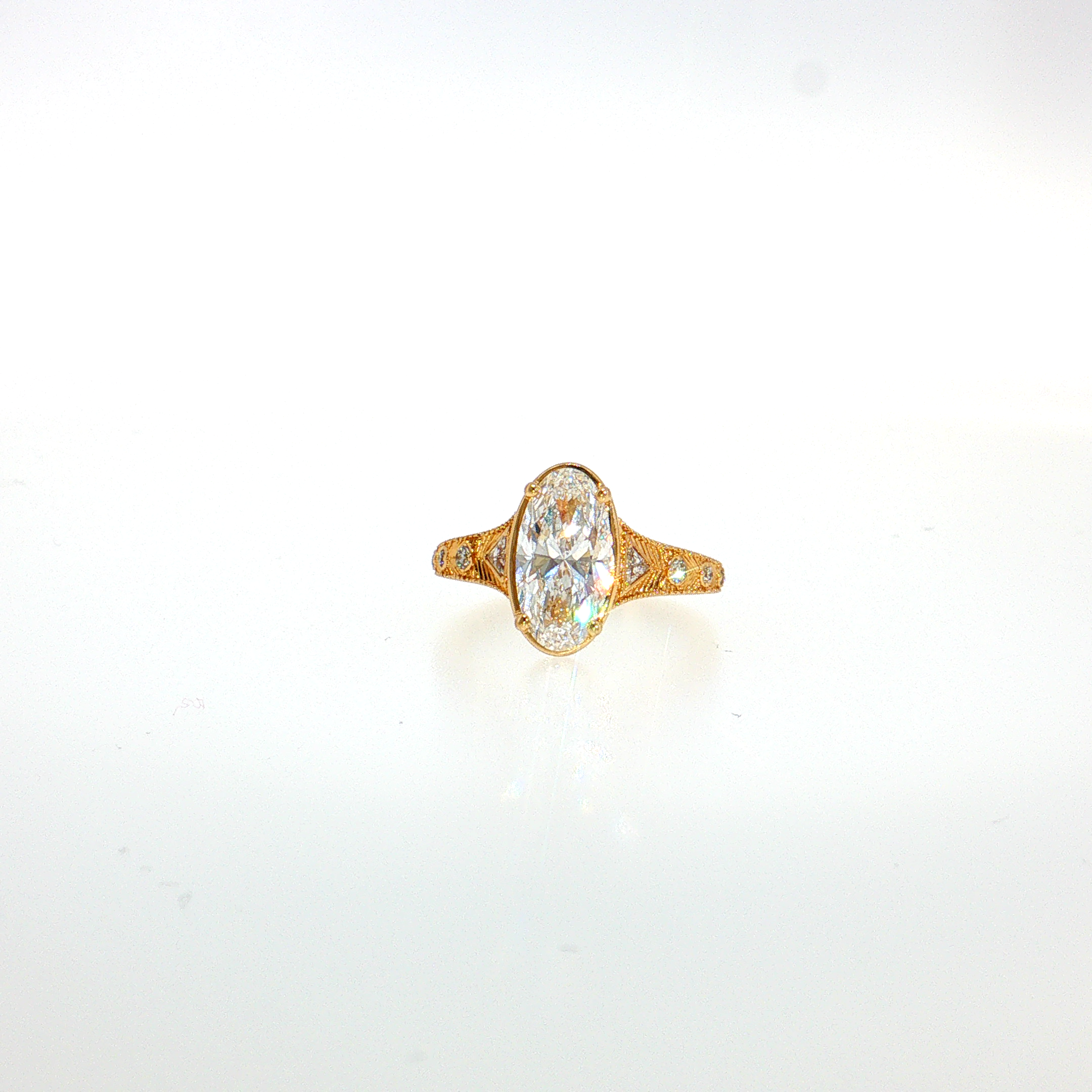 14K Gold | Yellow Gold Moval Engagement Ring Vintage Inspired Filigree, Milgrain & Round Diamond Accents