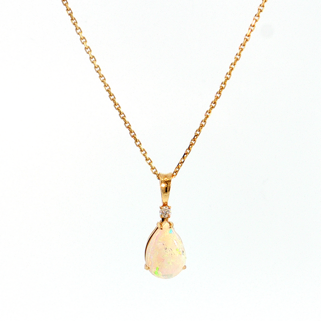 14K Gold | Yellow Gold Pear Shaped 1.05CT Opal Pendant with .03CT Round Natural Diamond