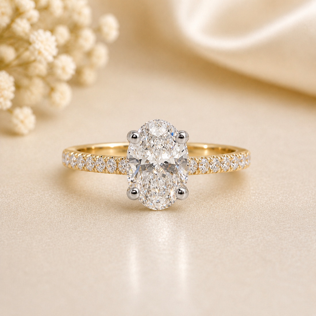 14K Gold | Yellow and White Gold 1ct Oval Lab Diamond Engagement Ring with Hidden Halo and .49cttw Natural Setting Accented Band