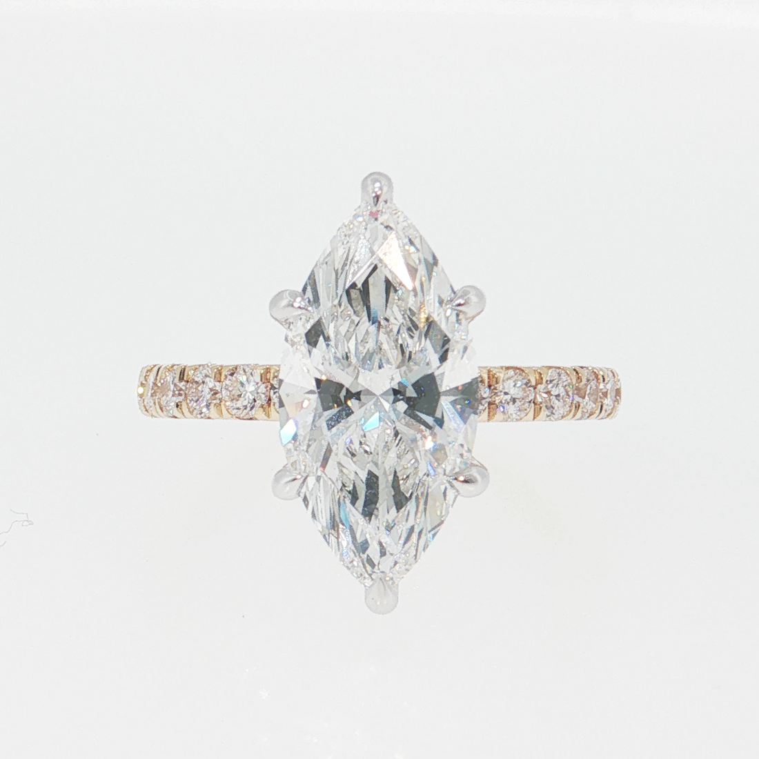 14K Gold | Yellow and White Gold 3.01 ct Marquise Lab Diamond Hidden Halo and Partial Pavé Band Engagement Ring