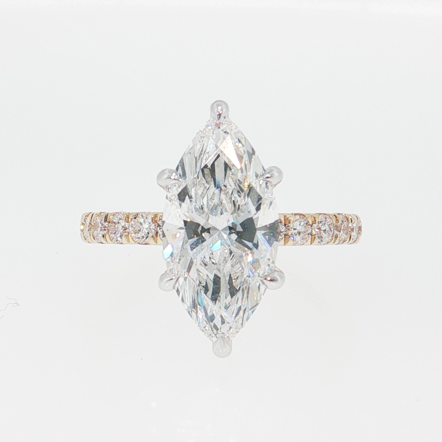 14K Gold | Yellow and White Gold 3.01 ct Marquise Lab Diamond Hidden Halo and Partial Pavé Band Engagement Ring