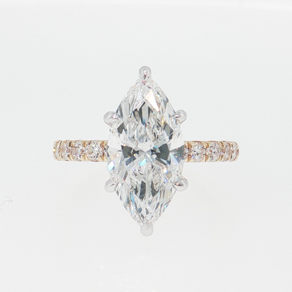 14K Gold | Yellow and White Gold 3.01 ct Marquise Lab Diamond Hidden Halo and Partial Pavé Band Engagement Ring