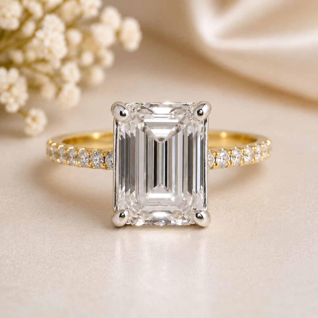 14K Gold | Yellow and White Gold 4.02CT Emerald Lab Diamond Engagement Ring