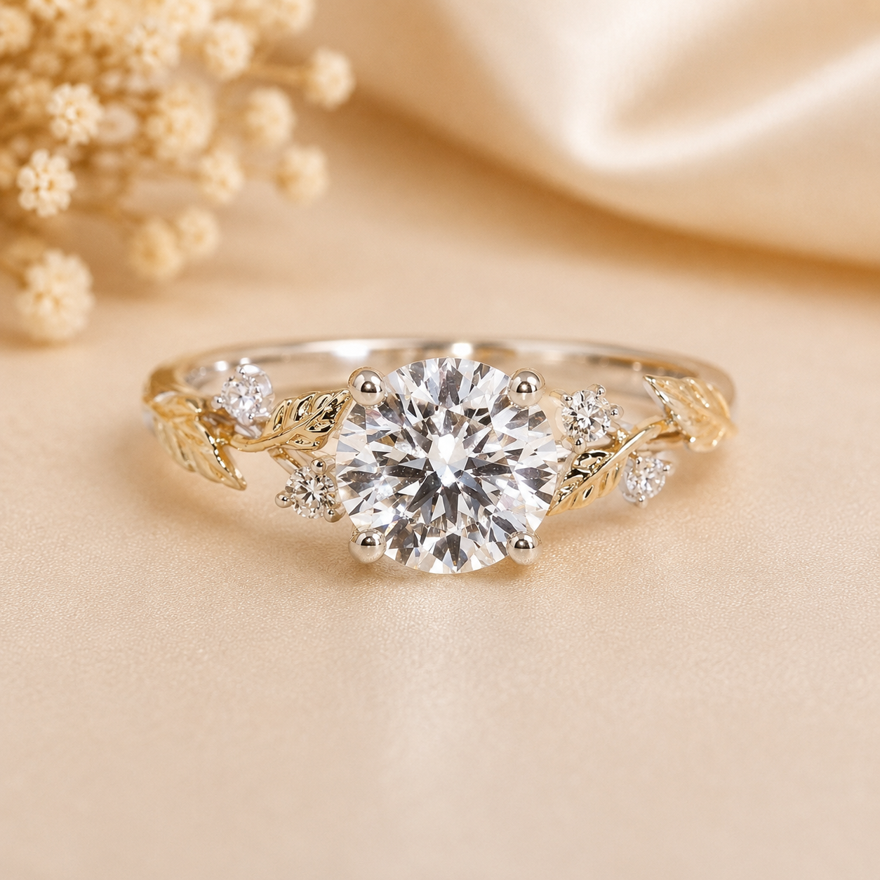 14K Gold | Yellow and White Gold Lyria Bridal Round 2.20CT Lab Diamond Engagement Ring with Floral Vine & Leaf Accents