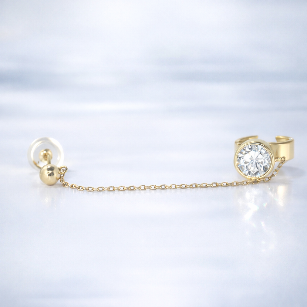 Dangling Chain CZ Ear Cuff Earrings in yellow gold