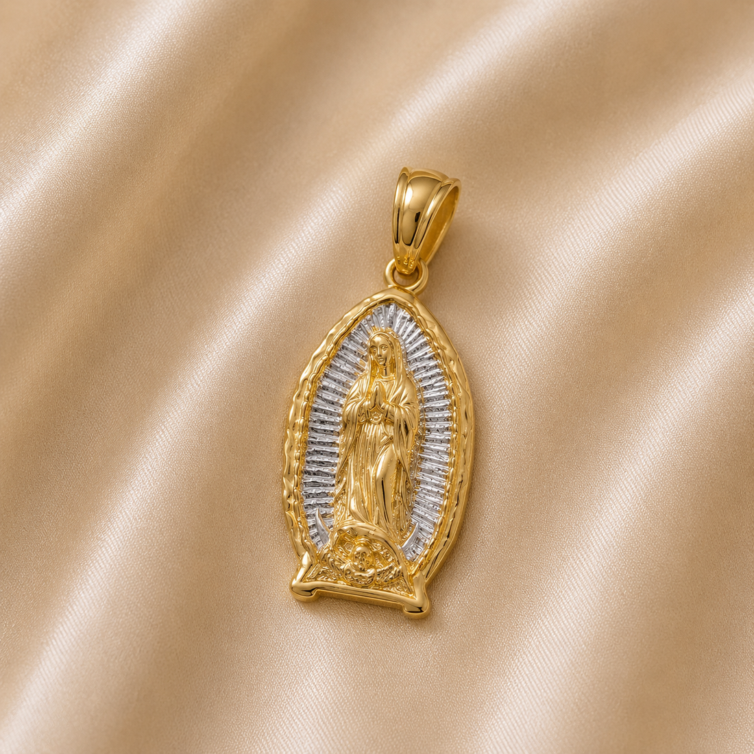 Gold pendant with religious design on a beige fabric background 14 Gold | Traditional Tricolor Virgin Mary Pendant