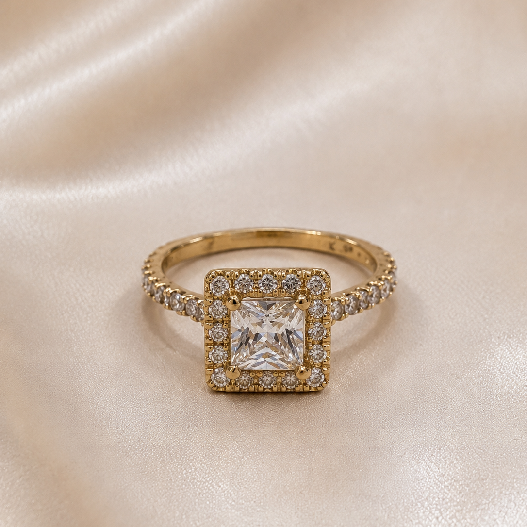 14k Gold |Square-Cut CZ Ring with Halo