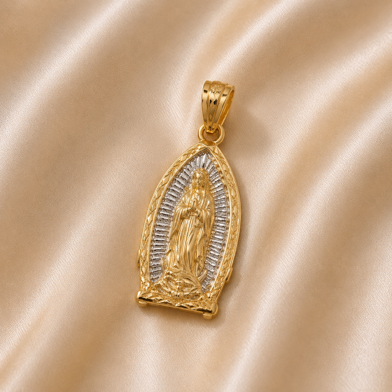 Gold and silver religious pendant on a beige fabric background 14 Gold | Traditional Tricolor Virgin Mary Pendant