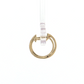 A gold-toned metal ring pendant with a textured finish, suspended from a clear plastic display pin against a solid white background.