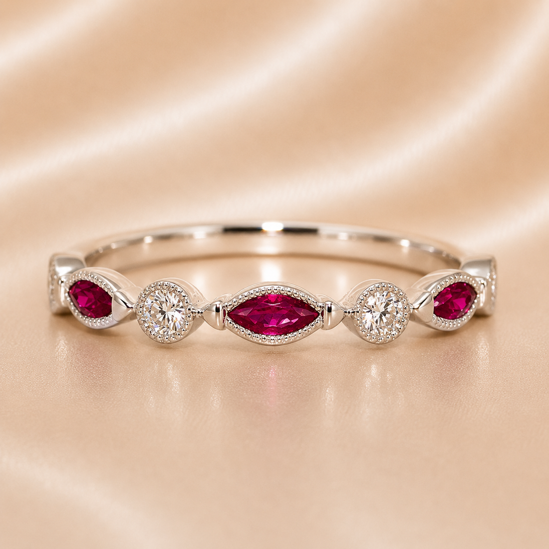 18K Gold | WG .26CT Marquise Natural Ruby & .13CT Round Natural Diamond Band Ring