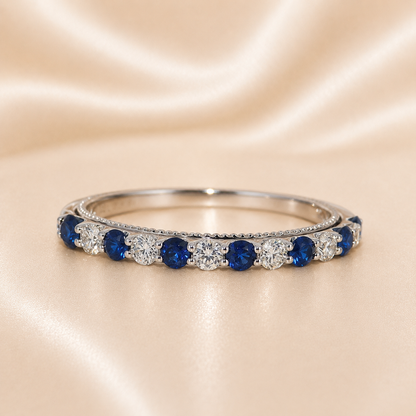 18K Gold | WG .33CT Natural Round Sapphire & .22CT Natural Round Diamond Band Ring