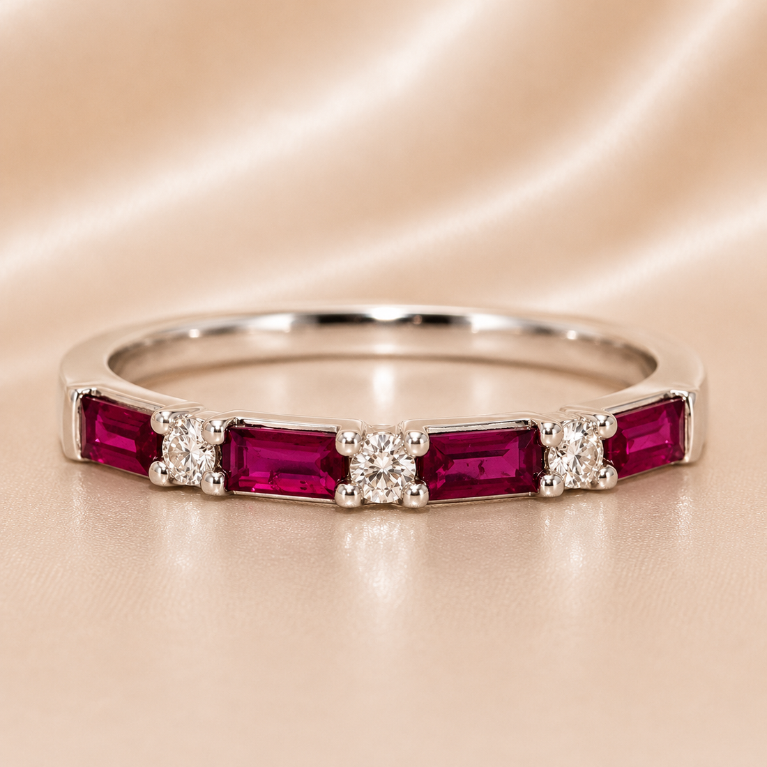 18K Gold | WG .48CT Emerald Natural Ruby & .10CT Round Natural Diamond Band Ring
