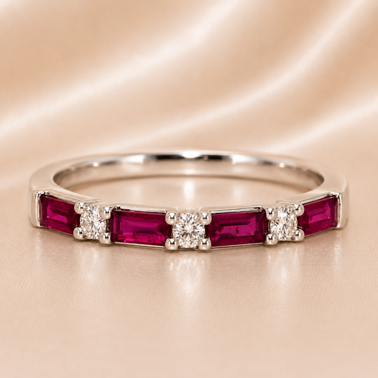 18K Gold | WG .48CT Emerald Natural Ruby & .10CT Round Natural Diamond Band Ring