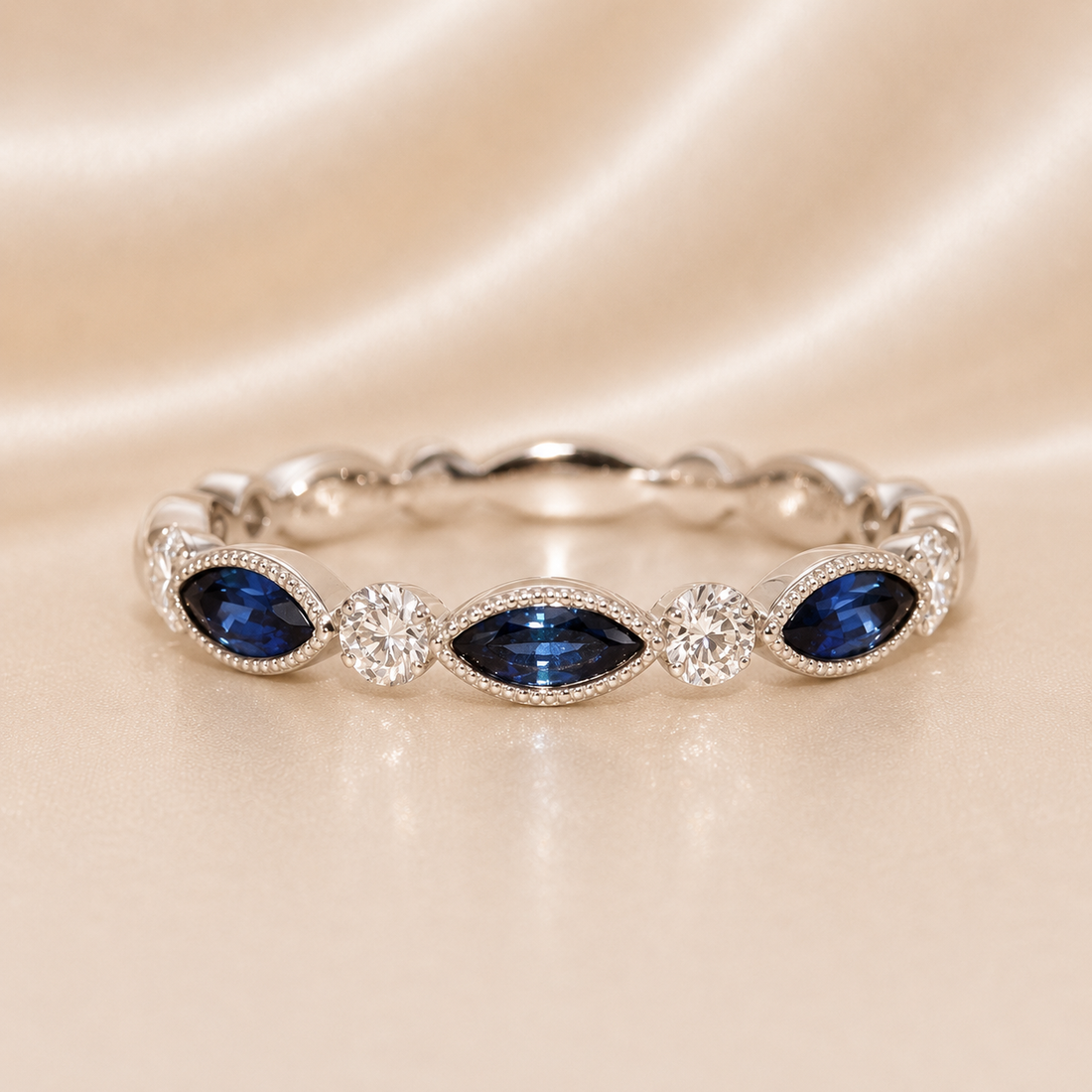 18K Gold | WG .51CT Marquise Natual Sapphire & .28CT Round Natural Diamond Band Ring