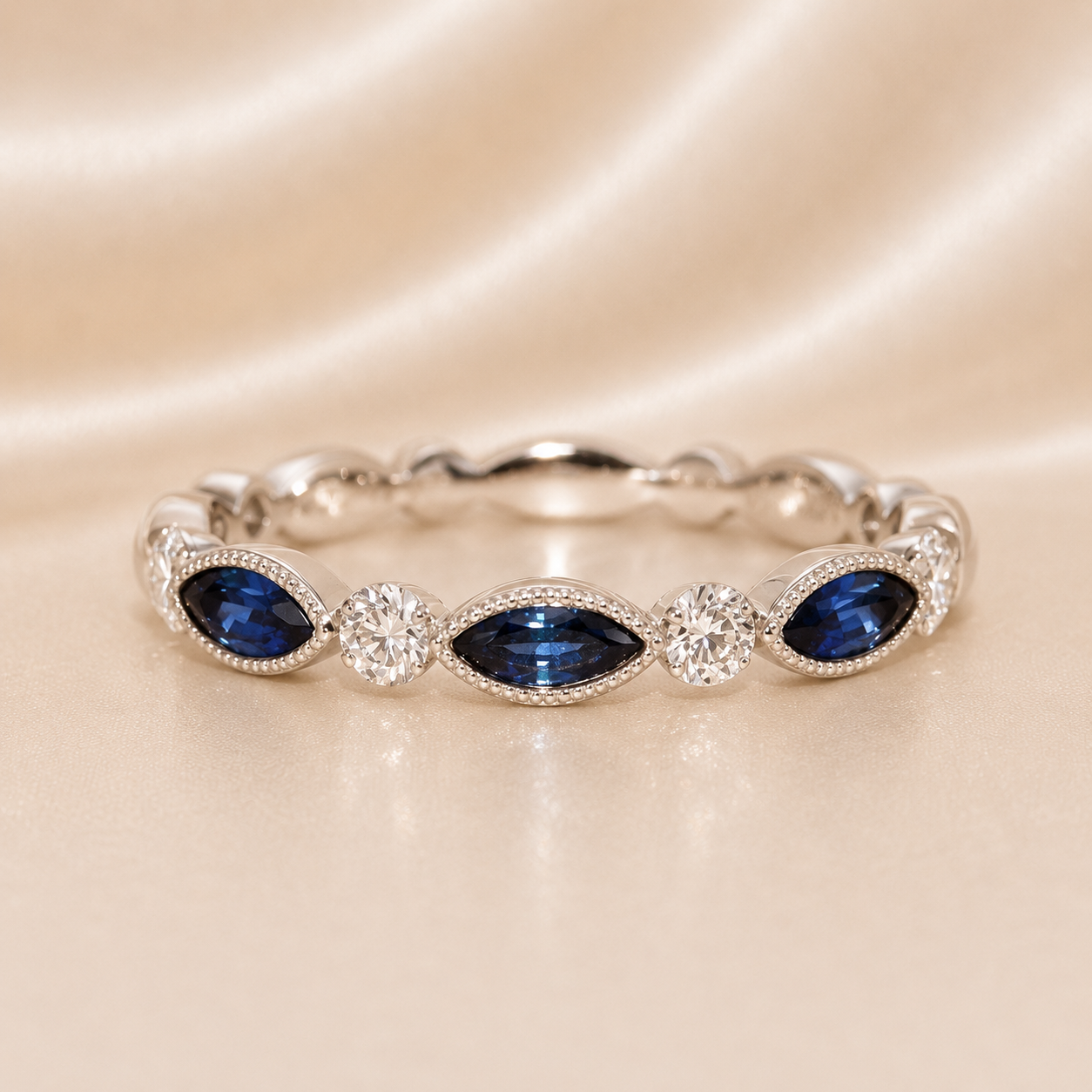 18K Gold | WG .51CT Marquise Natual Sapphire & .28CT Round Natural Diamond Band Ring