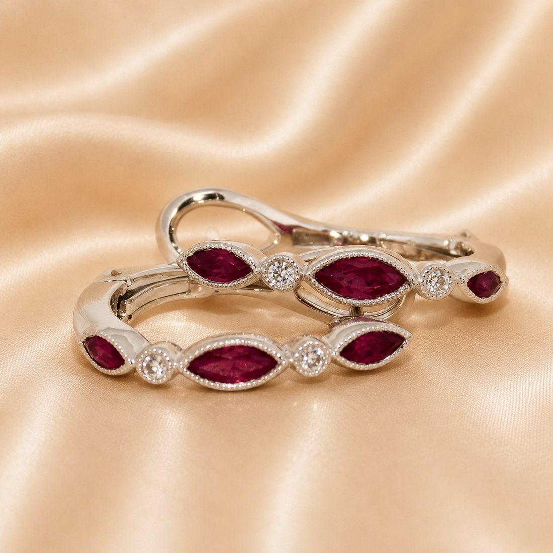 18K Gold | WG .64CT Marquise Natural Ruby & .05CT Natural Diamond Hoops