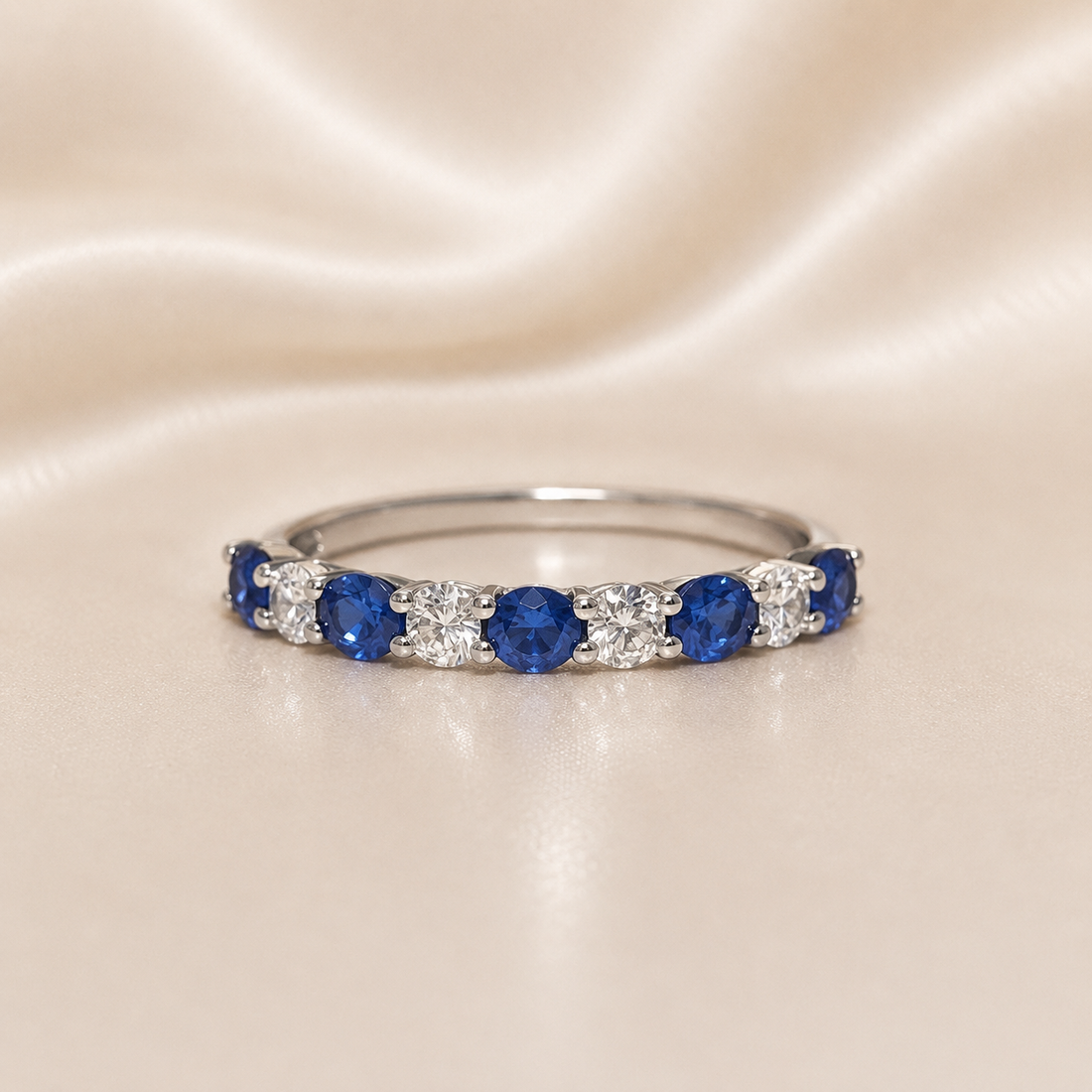 18K Gold | WG .95CT Oval Natural Sapphire & .11CT Round Natural Diamond Band Ring