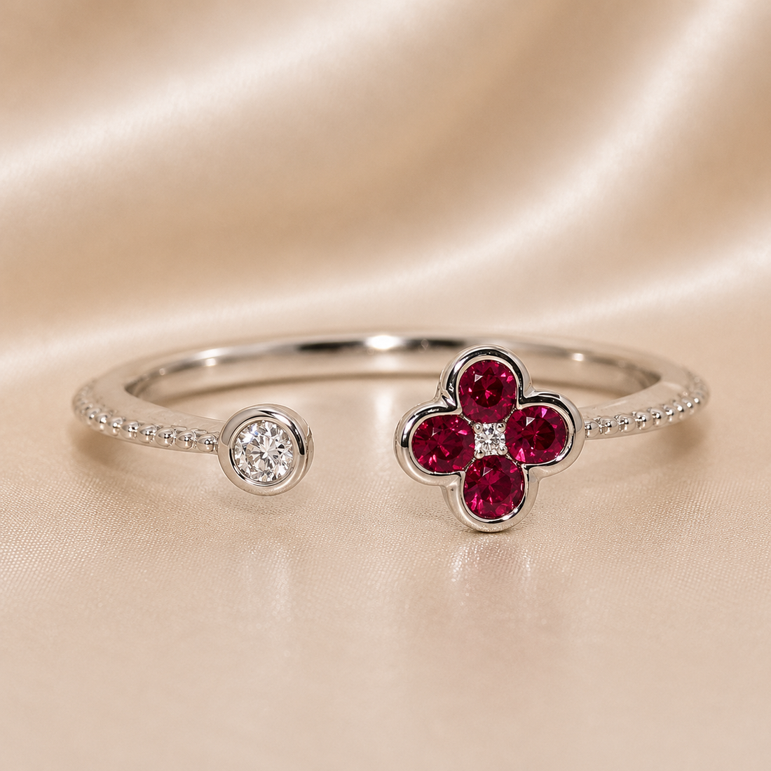 18K Gold | WG Clover .14CT Natural Ruby & .04CT Natural Diamond Open Ring